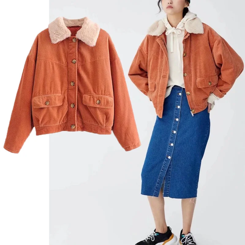 

Winter Women Solid Padded Jacket Parkas Za 2022 Fur Collar Warm Long Sleeve Loose Coat Female Pockets Casual Outerwear Chic Top