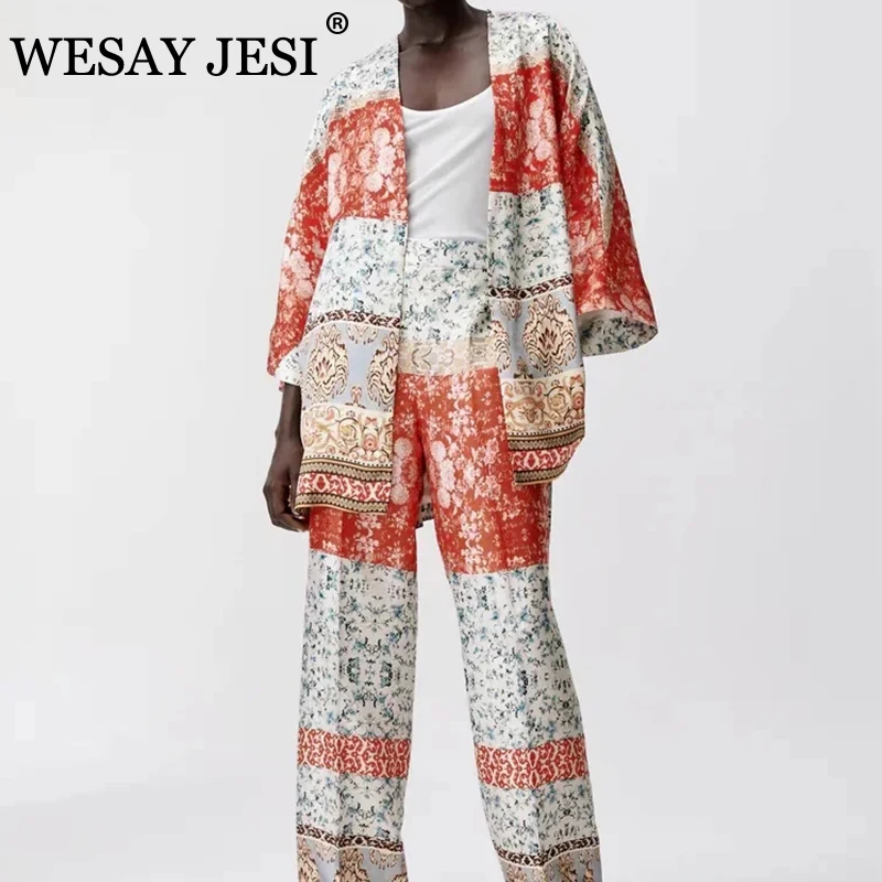 

WESAY JESI Women's Clothing 2021 TRAF Pant Suits Casual Printed Blouse Vintage Trouser Suits Elastic Waist Pants Women Outfit