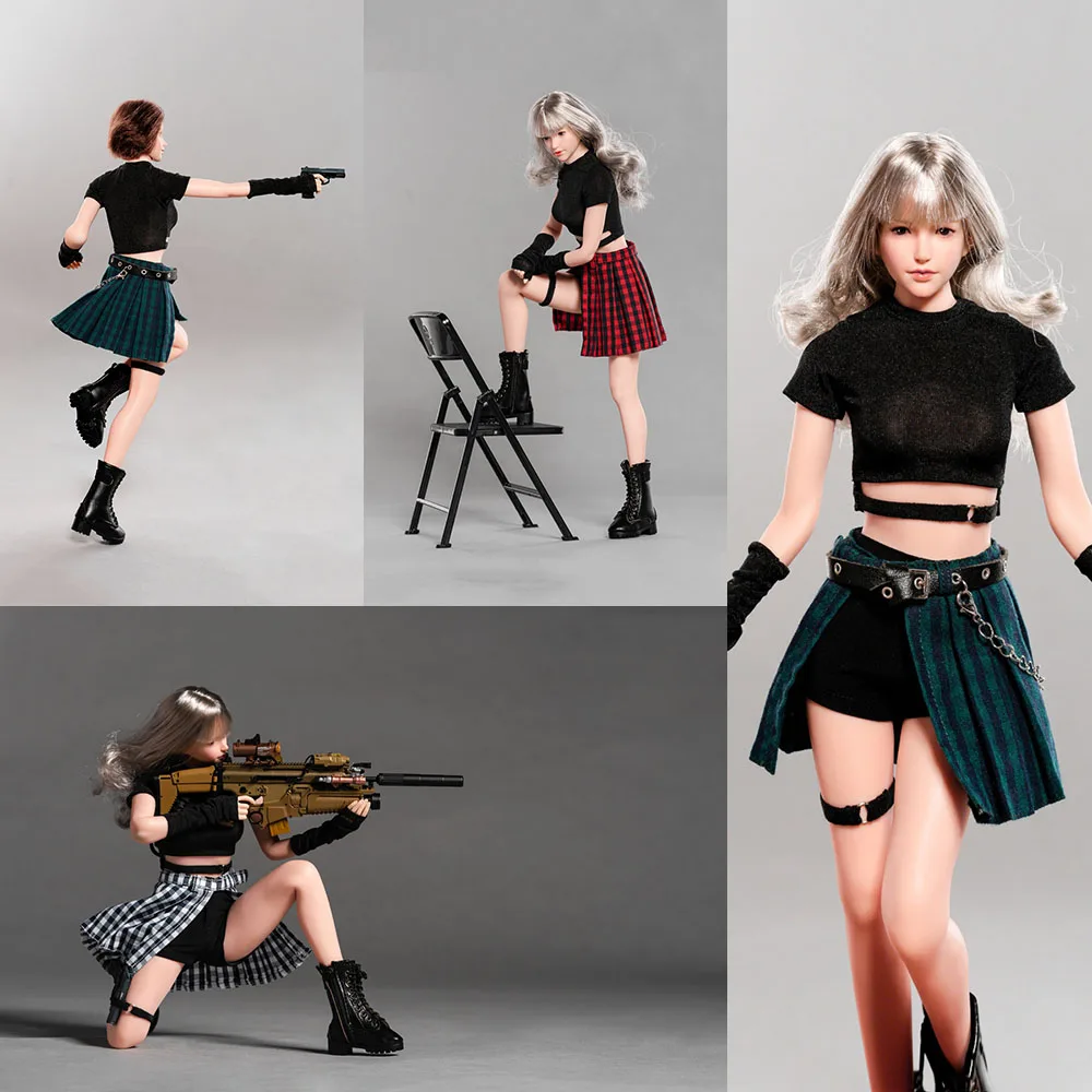 

In Stock 1/6 CL001 Female Top Pleated Plaid Skirt Clothes Set with Leather Belt Fit 12" Female PH TBLeague Figure Body