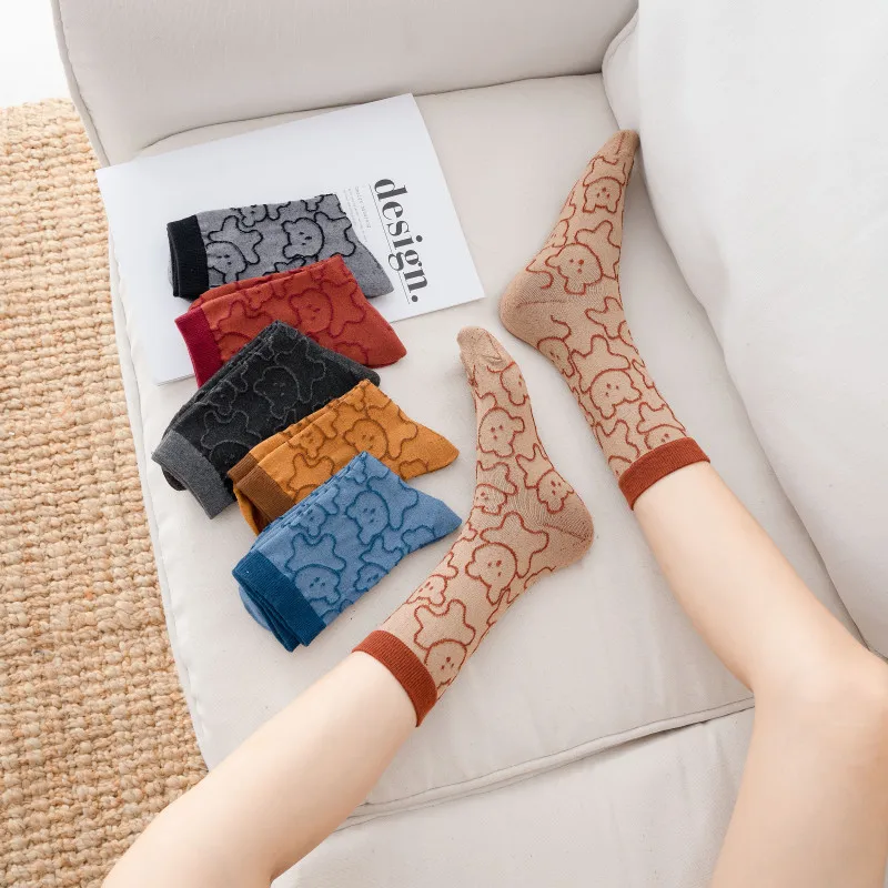 5pcs/lot Woman Happy Funny Socks Print Art Cute Spring Cartoon Socks Bear Cotton Kawaii Women Fashion Harajuku Colorful Socks