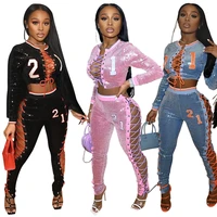2021 autumn 2 piece set women velvet embroidered sequins lace up bandage suits luxury two piece set birthday party club outfits