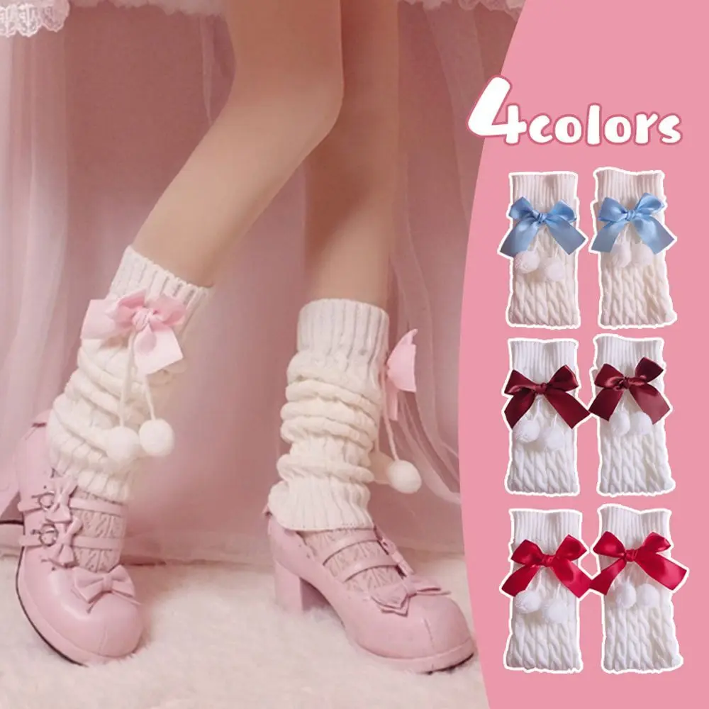 

Korean Lolita Sweet Girl Bow Leg Warmer Cute Ball Knitted Foot Cover Women Leg Warmer Socks Heap Socks