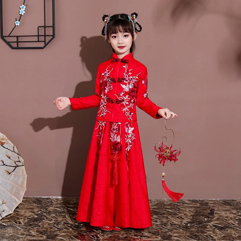 Girls Autumn New Red Retro Hanfu Dress Long Sleeve Sweet Lovely Princess Skirt Party Evening Performance Dresses Vestido Qipao