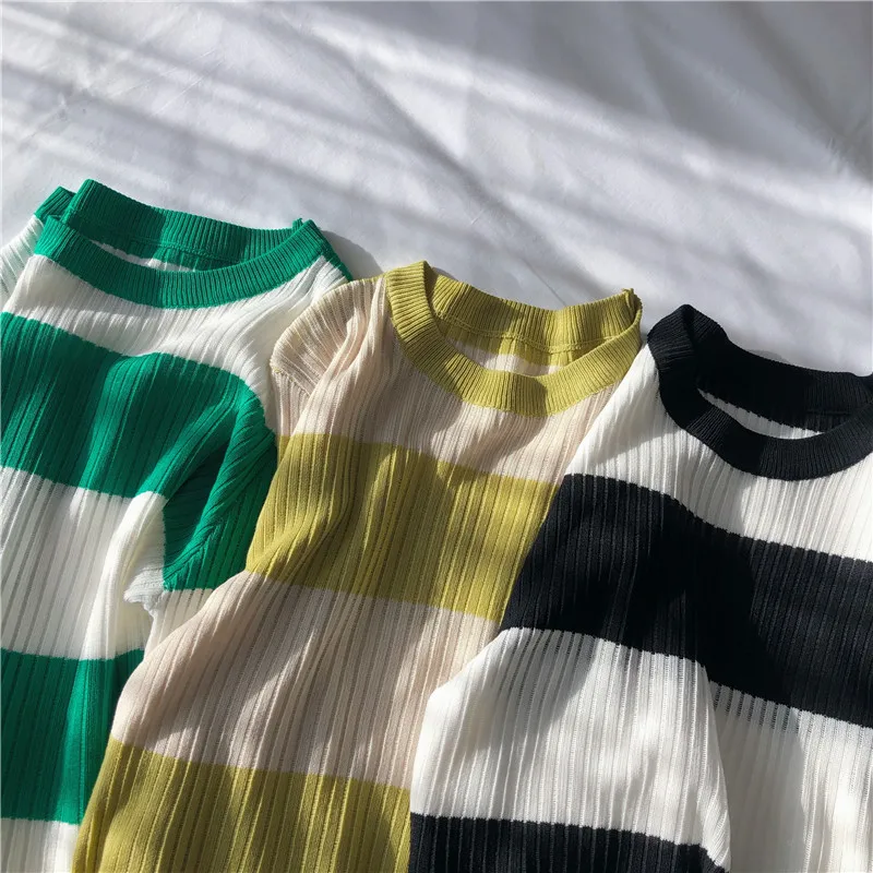 

2021 Summer Striped Skinny Knitted Long Sleeve T Shirt Women Clothes Korean Sunscreen Tops Roupas Feminina