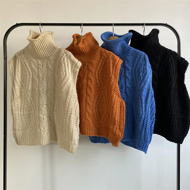 

Turtleneck Chic Simple Solid Vest Elegant Fashion All-match Streetwear Winter Thicken Knitted Vest 2021 New Spring Waistcoats