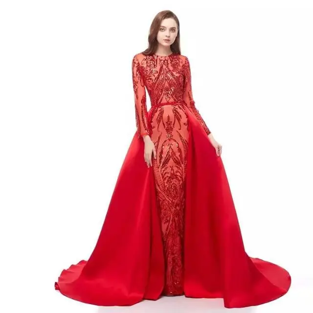 

Elegant Black Red Muslim Evening Dress 2022 With Detachble Train Long Sleeve Arabic Dubai Prom Dresses Vintage Formal Party Gown