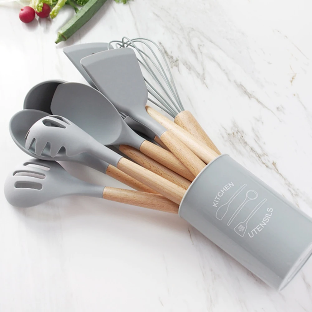 9/10/12 Pcs Silicone Cooking Tools Kitchen Utensils Set Bamboo Handles Cooking Tool None Toxic Kitchen Gadgets Nonstick Cookware