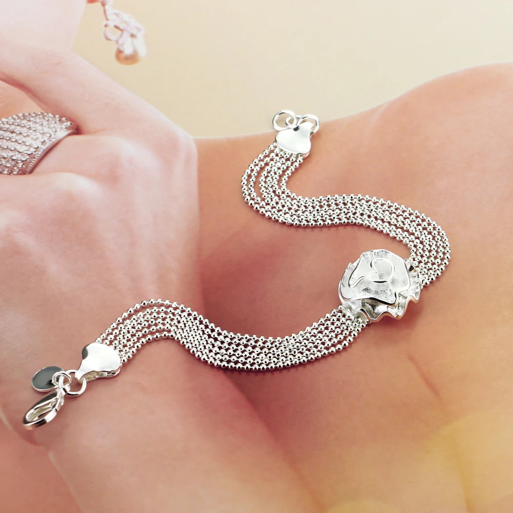 Новая мода 925 серебристого цвета розового золота браслет для женщин Яркие цветы