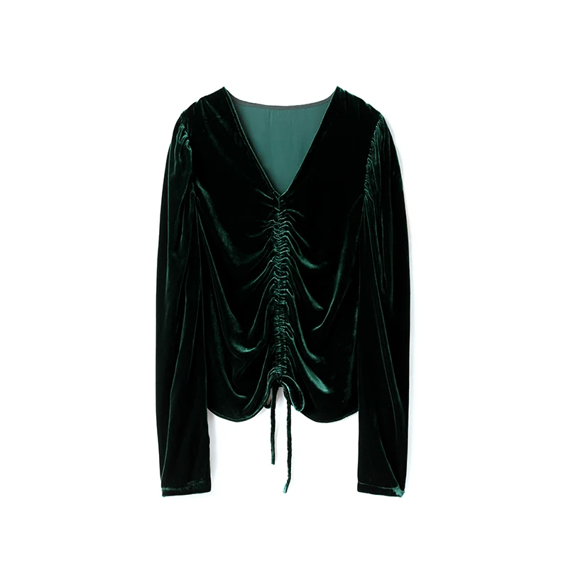 

100% Silk Women's Velvet Shirt Sexy V Neck Ruched Picked Up Long Sleeves Fashion Casual Velour Autumn Blouse
