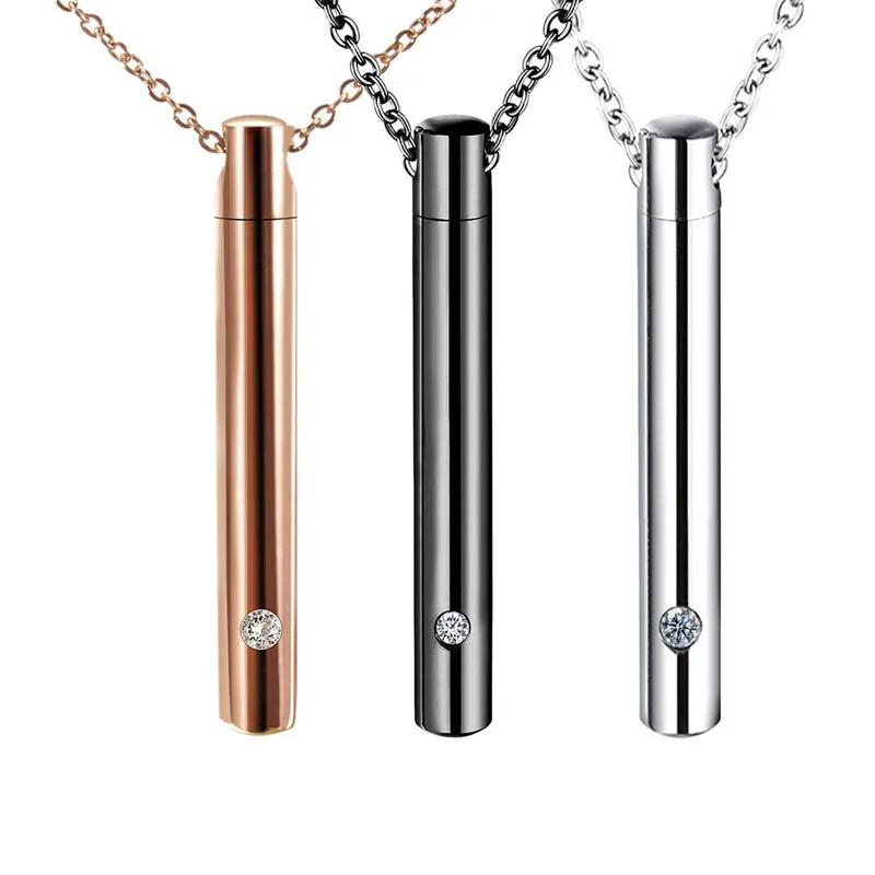 

New Arrival Empty Cylindrical 316L Stainless Steel Cremation Urn Pendant Necklace Custom Crystal Perfume Bottle Pendant Jewelry
