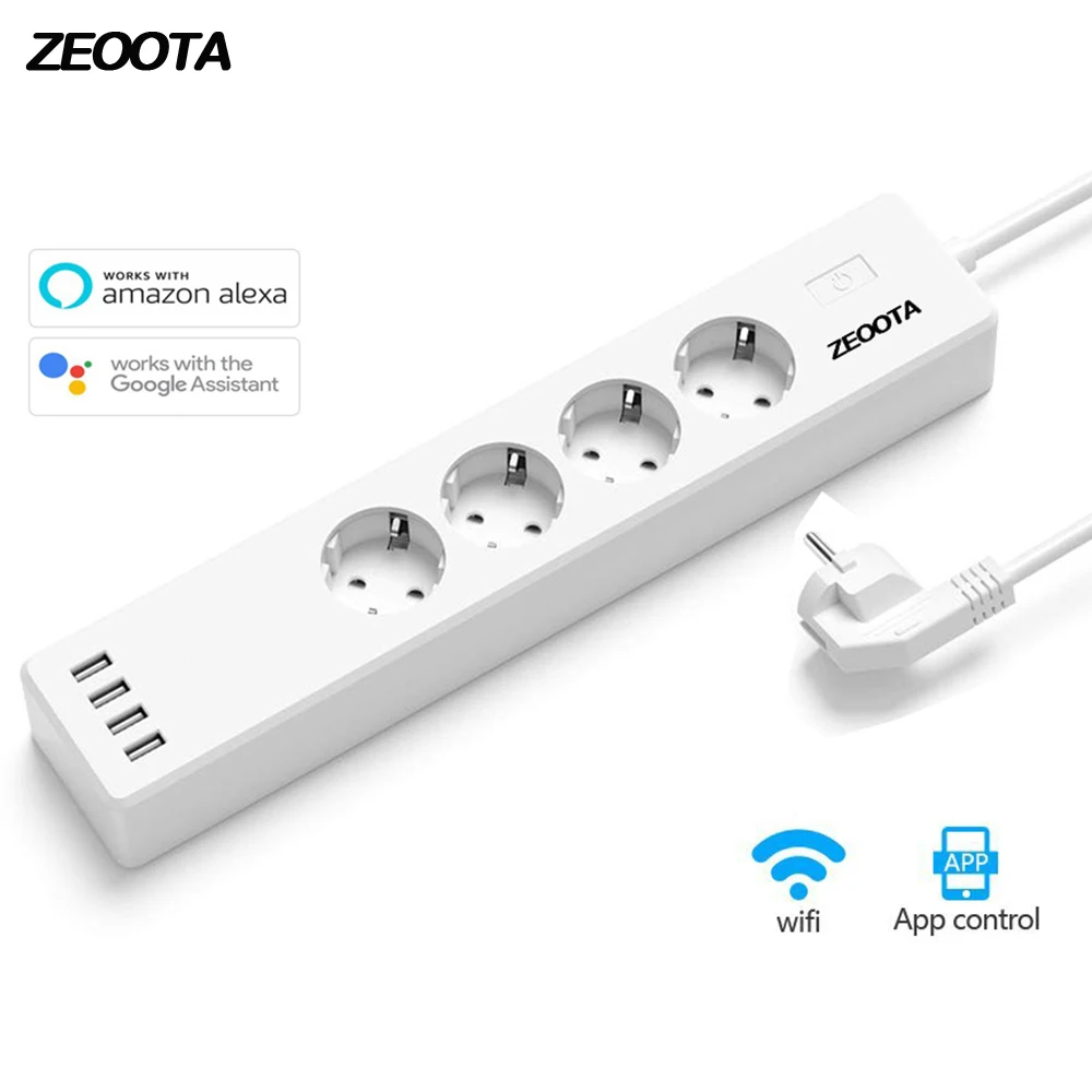 Wifi Smart power Strip 4 розетки ЕС розетка с USB 4 зарядным портом, приложение Голосовое управление работает с Alexa, Google Home Assistant
