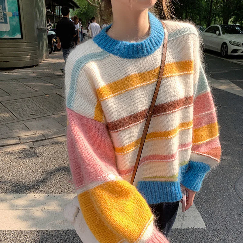 

Seahorse hair rainbow stripes Knitted Sweater Women Jumpers Long Sleeve Woman Pullovers Sweaters Casual Winter Sweater