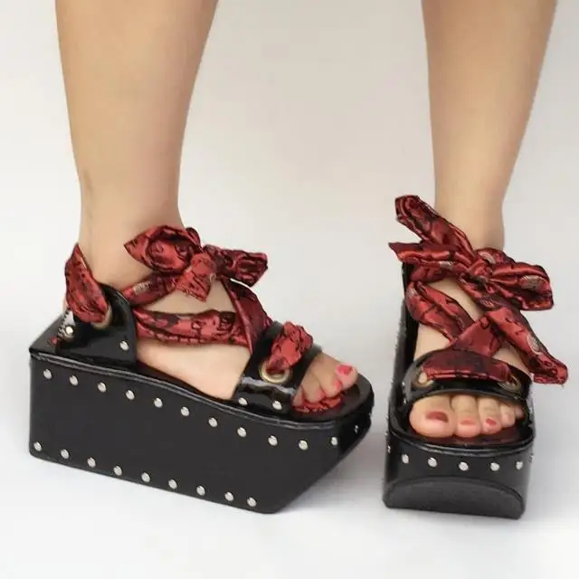 

Punk Women's Satin Strap Platform High Heels Shoes Wooden clogs Rivets Customize Big Size