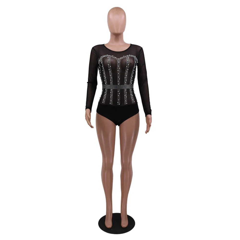 

Rhinestone Beaded Sheer Mesh Women Skinny Romper Sexy Full Sleeve See Through Bodycon Overall Classic Party One Piece Bodysuit