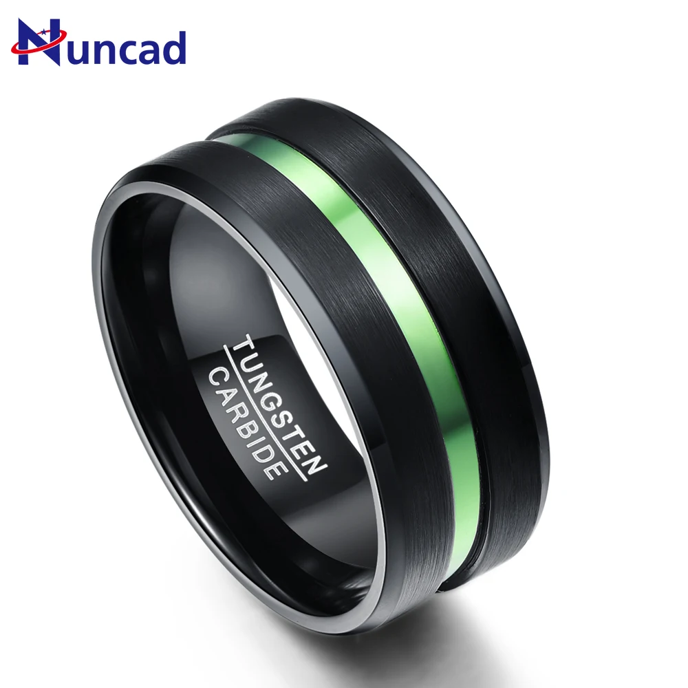 

Nuncad Black Tungsten Steel Ring with Green Groove full size 7-12 Men's Engagement Tungsten Rings 10MM Wide