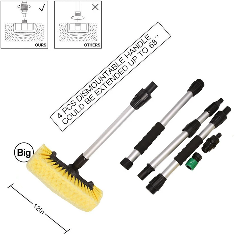 

Car Wash Brush with 11inch Lock Type No Loose No Rotate Soft Bristle Brush and 68 inch Dismountable Pole with On/Off