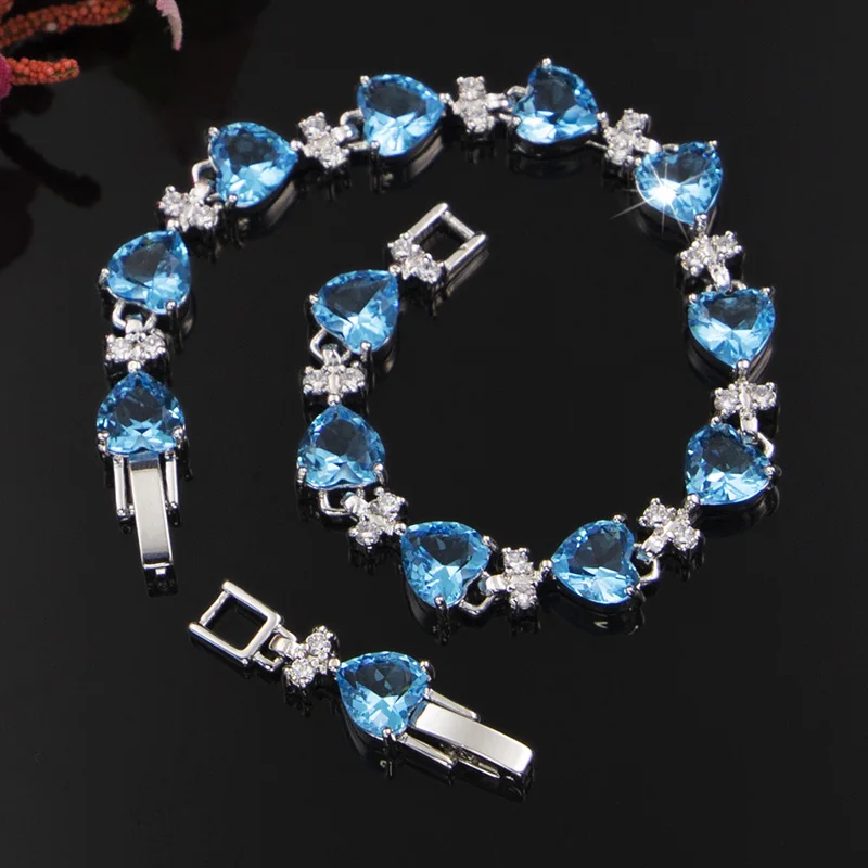 Sky Blue Zircon Silver 925 Costume Jewelry Set For Women Stud Earrings Ring Necklace Bracelet Bridal Fast Ship | Украшения и
