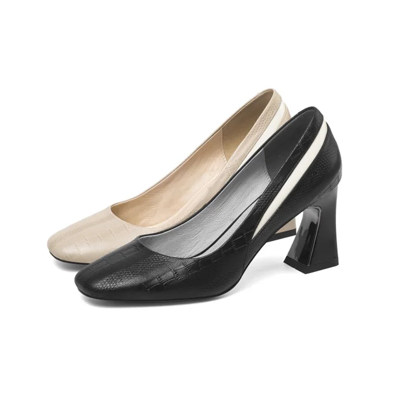 

ISNOM Genuine Leather Shoes Woman Embossed Hoof High Heels Pumps Square Toe Ladies Pumps Mixed Color Women Shoes Big Size