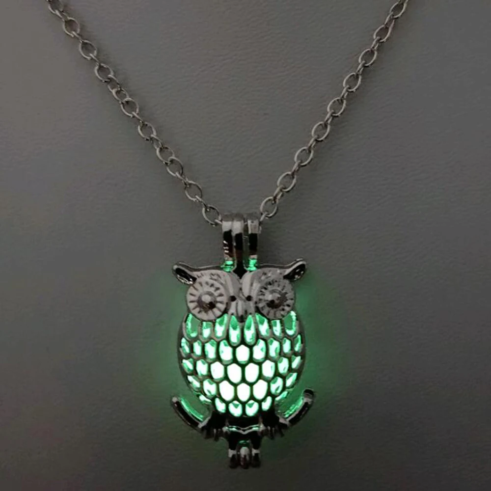 Ожерелье DEELAN с подвеской в виде ажурной совы светящееся темноте винтажное