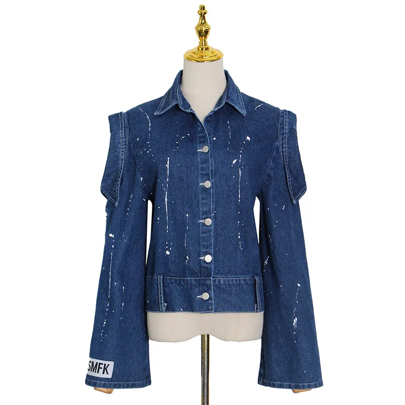 

Casual fashion lapel long sleeve single-breasted print denim jacket women