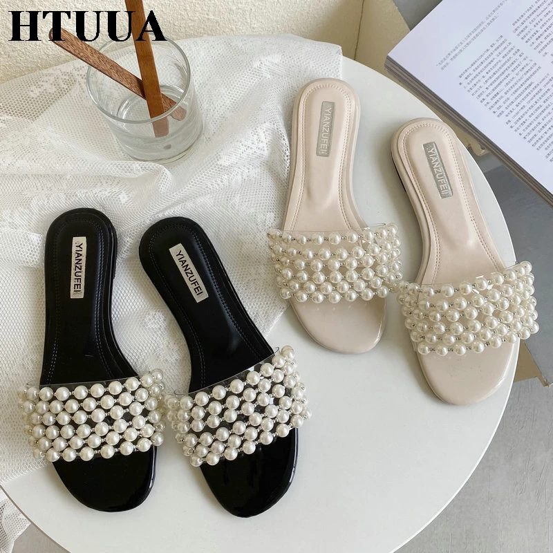 HTUUA/Новинка 2020 года Тапочки на плоской подошве из Жемчужной нить бусина Женские