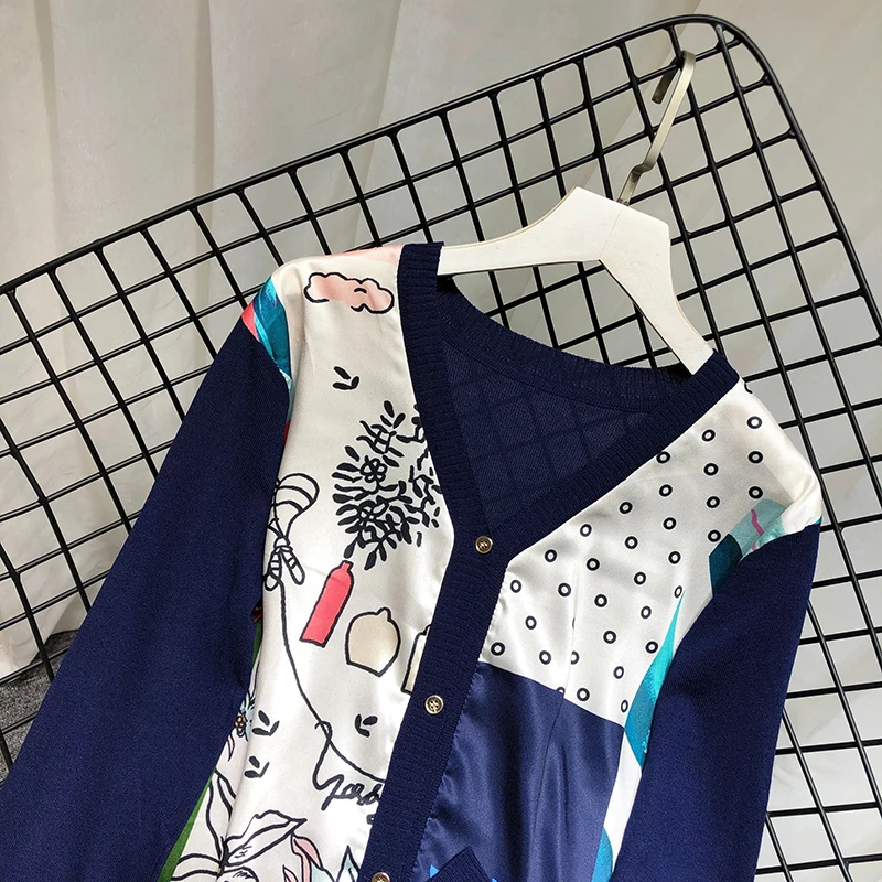 ALPHALMODA Европейский с v-образным вырезом атласный свитер с принтом пэчворк вязаный искусственный однобортный пуловер осенний модный топ с длинными рукавами