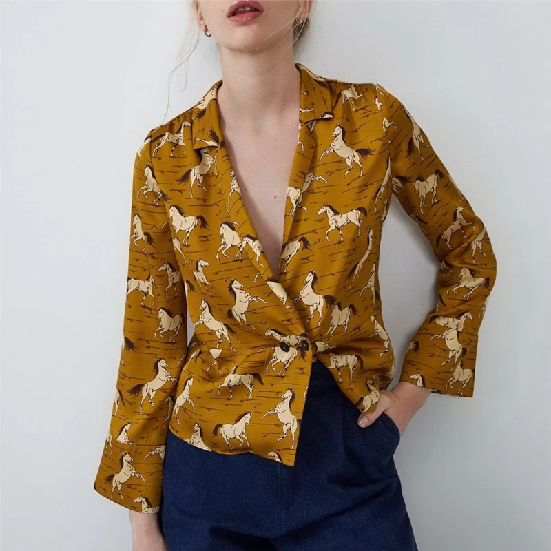 Новинка 2020 осенняя женская рубашка модная с V образным вырезом и принтом лошадей