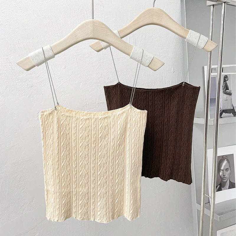 

DEAT 2021 New Summer and autumn Fashion Casual Sleeveless Bead Chain Sling Knitted Vest Inside And Outside Top Women SL421