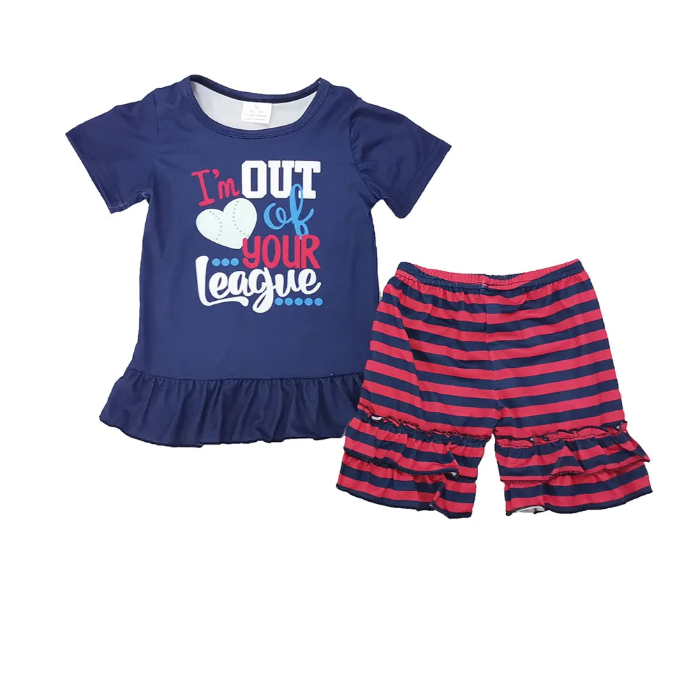 

Sumemr kids clothing blue short sleeve ruffle shirt baseball heart print shirt with striped shorts cute boutique outfit for baby