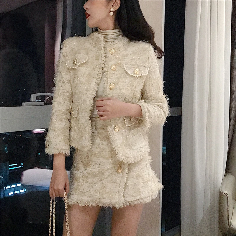 Возможно U женский бежевый твидовый пиджак мини-юбка карандаш комплект из 2