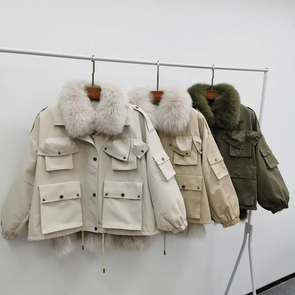 

Fashion Women Real Fur Coat Winter Thick Reversible Jacket Natural Fox Fur Collar Loose Parka Streetwear Detachable