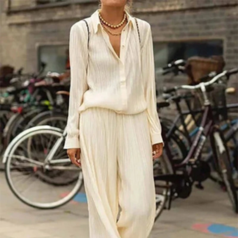 

Woman Pant Suits Spring Autumn Loose Two Piece Set Casual Long Sleeve Button Tops Long Pants Outfit Elegant Office Shirt Suits