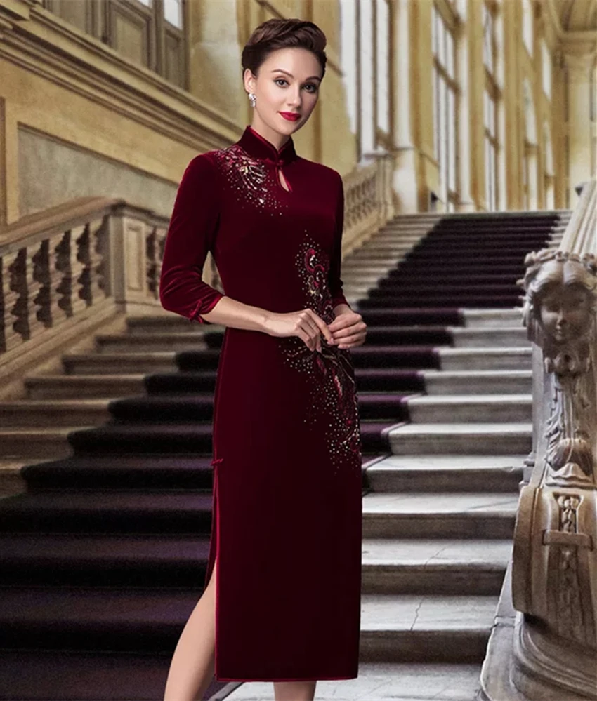 Длинное пальто для девочек бархатное китайское платье с разрезами по бокам и