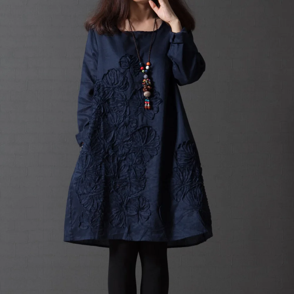 

Plus Size S-5XL Women Dress Spring Summer Dress Casual Loose Women O Neck Long Sleeve Cotton Solid Color Above Knee Line Dress