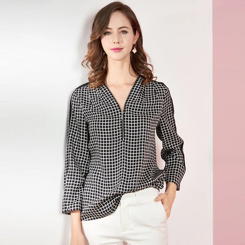 

high grade mulberry Silk shirt V-neck long Sleeve Spring and summer European And American Women Square Printed Pullover Blouse