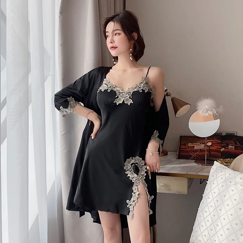 Комплект женский из 2 предметов вискозный пикантный кружевной халат кимоно с