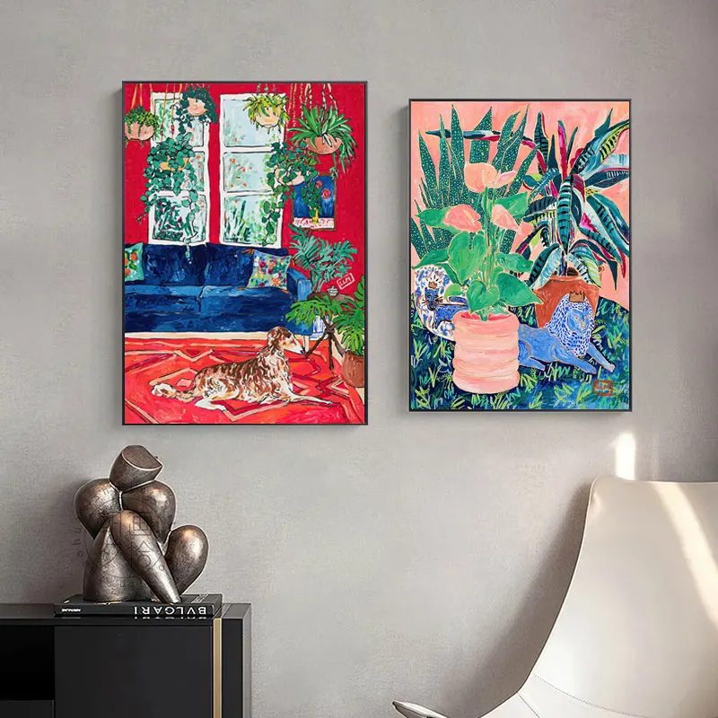 

Still Life Home Decoration Painting Life Scene Living Room Wall Canvas Poster Plant Flower Illustration Feeling Dog Warm Bedroom