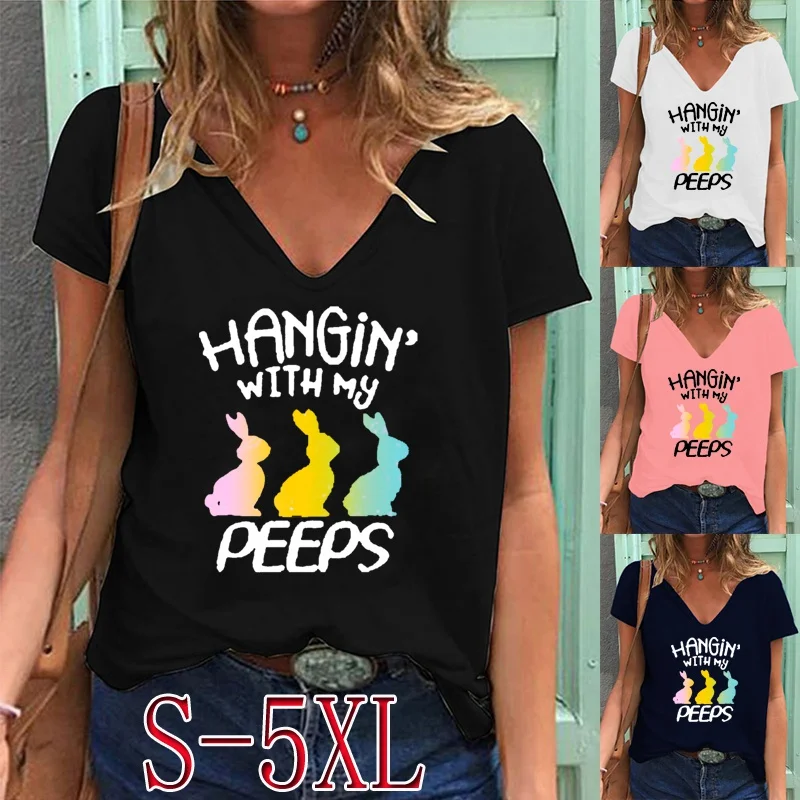 

Plus Size Women's V-neck Short Sleeve T-Shirts Ladies Casual Rabbits Printed Shirt Loose Tops Solid Color Blouse S-5XL