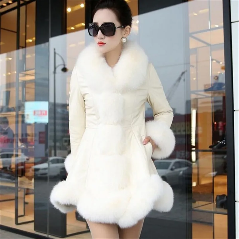 

Plus Size 6XL Womens Faux Fox Fur Patchwork PU Leather Coats Thick Warm Long Sleeve Medium Length Slim Female Outerwear Coats