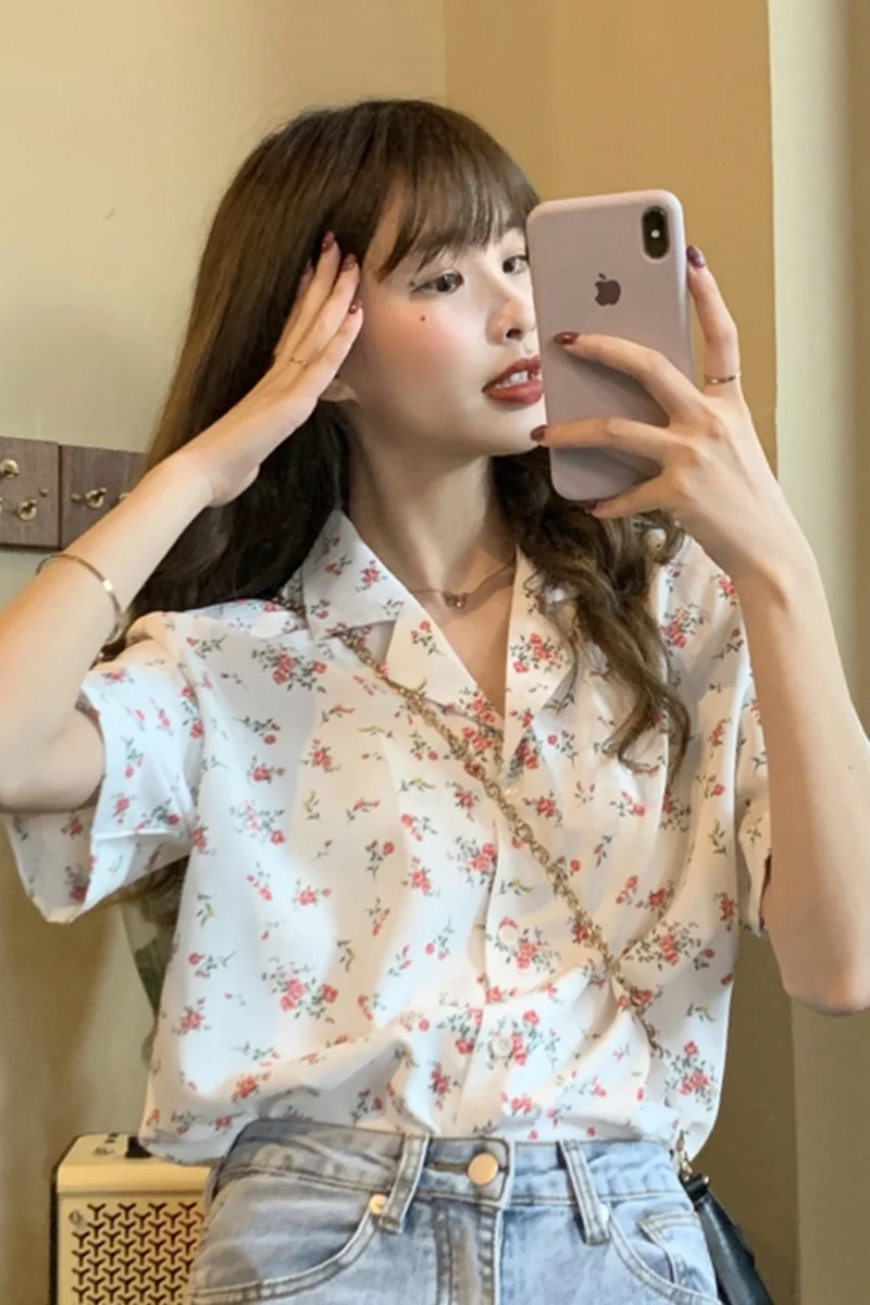 

Houthion Chiffon Slim Women's Blouses New Casual Blouse Fashion Short Sleeve Top Buttons Floral V-neck Shirt Summer