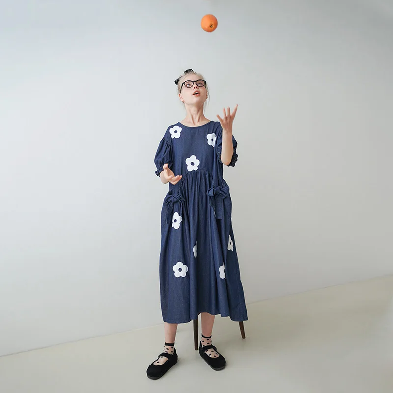 Платье imakokon женское джинсовое с пышными рукавами милое свободное платье средней