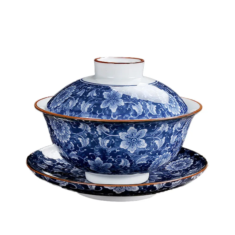 150 мл Gaiwan Керамическая Сине белая фарфоровая чайная чаша блюдце крышка посуда