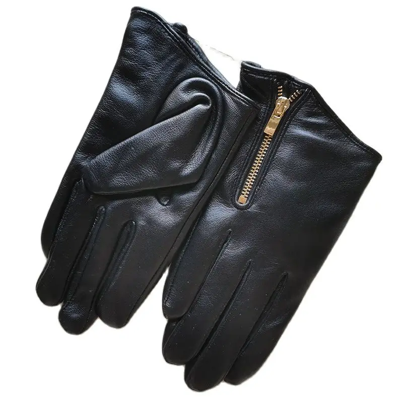 Latest Genuine Leather Gloves Female Short Sheepskin Gloves Fashion Simple Zipper Decoration Woman's Leather Gloves NS23