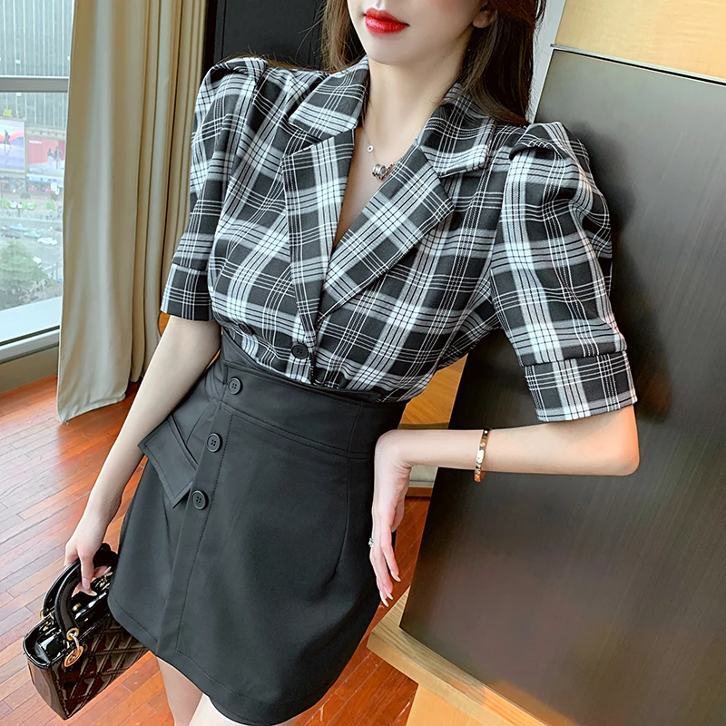 

2021 Women Summer Vintage Two-Piece Set Office OL Plaid Notched Puff Sleeve Shirt Top + High Waist Irregular Mini Skirts Female