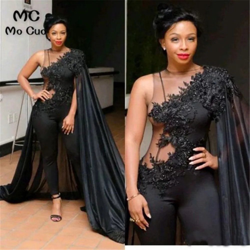 Элегантный черный комбинезон 2019 Длинные вечерние платья с цветочной аппликацией