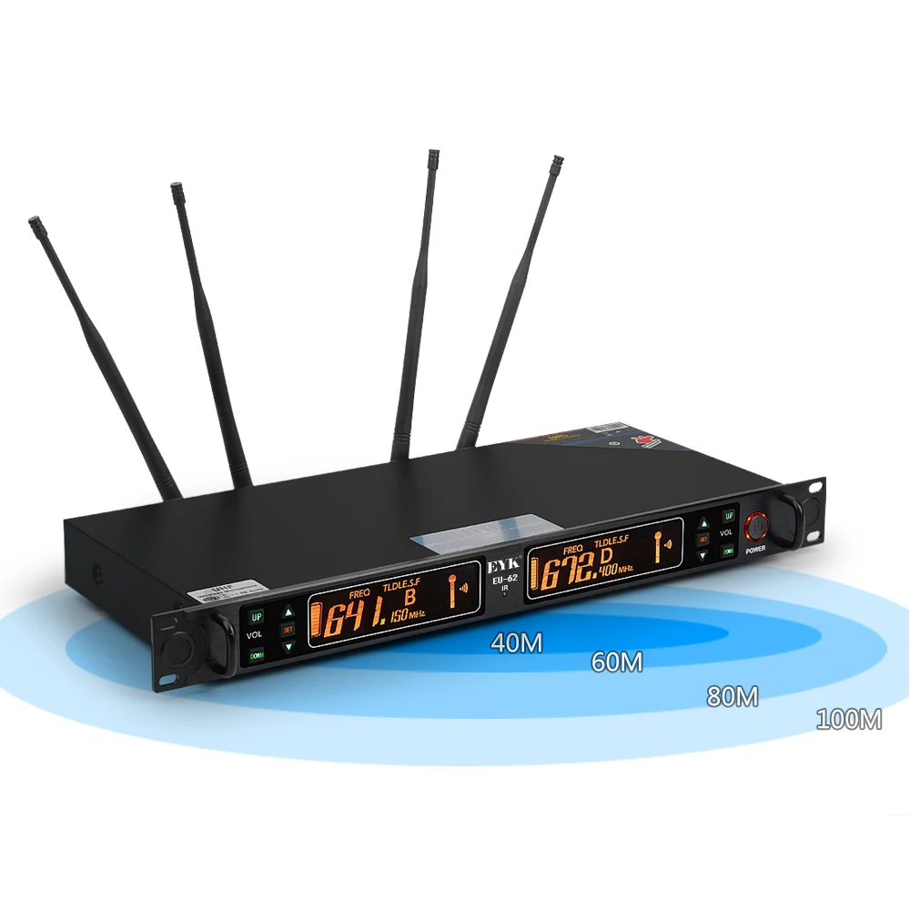 Портативный UHF беспроводной микрофон EYK EU 62 True разнообразие 2 2*100 канала