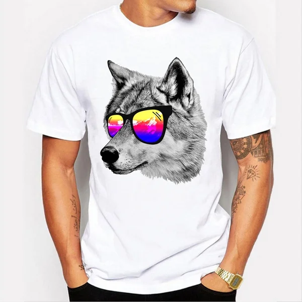 

Fashion T Shirts 2017 Summer White T-shirts Personality Wearing a sunglasses wolf Homme for Men