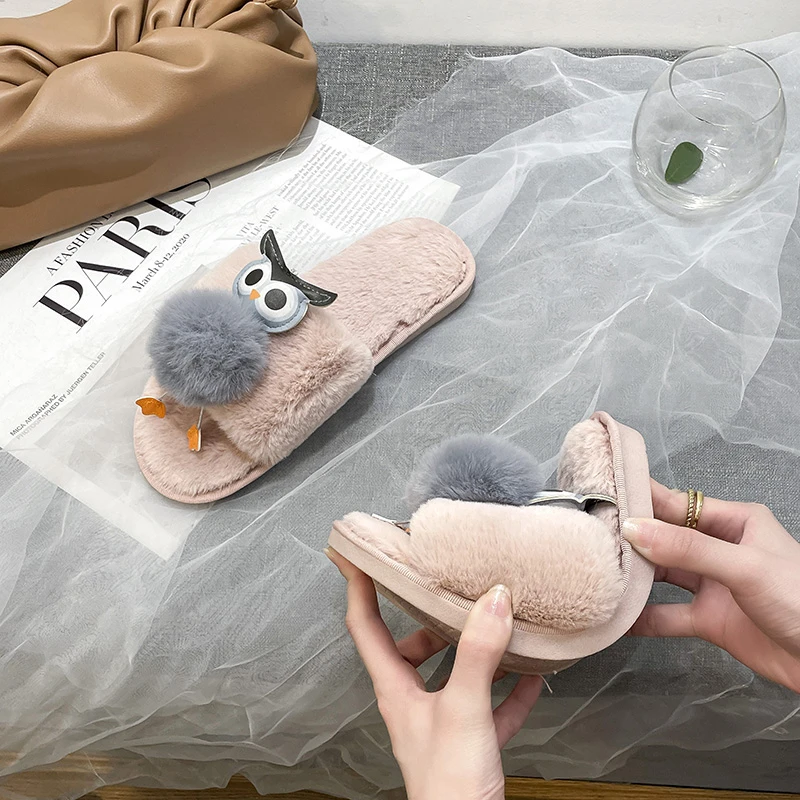 

Autumn Winter Furry Cotton Slippers Women Cute Owl Flip Flops Indoor Outdoor Flat Mule Shoes Ladies Warm Comfortable Home Shoes