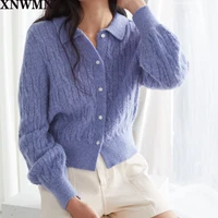 high quality turn down collar women knit cardigan long sleeve single breasted purple sweater stripes short knitwear top 2020 new
