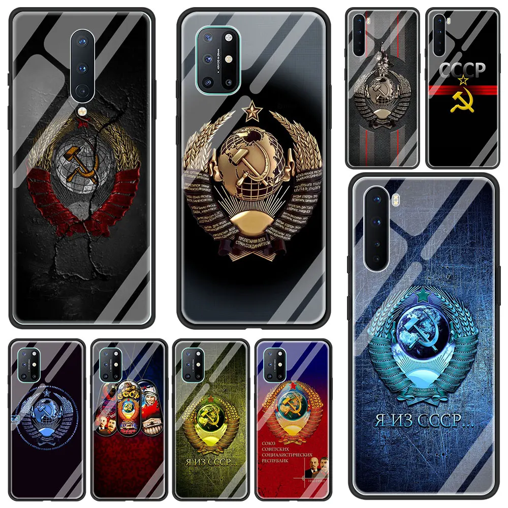 

Soft Edge Cover Coque for Oneplus 9 PRO 9R 7 7T Pro 8 8T Pro Nord 5G Luxury Glass Phone Case Shell USSR Flag Soviet Union